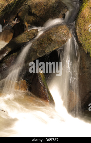 Wasserfälle am Fluss Marteg. Gilfach Farm Nature Reserve, ein Radnorshire Wildlife Trust Naturschutzgebiet in der Nähe von Rhayader, Powys, Wales. Stockfoto