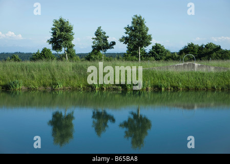 Kulturlandschaft mit Reflexionen der Bäume im Wasser Stockfoto