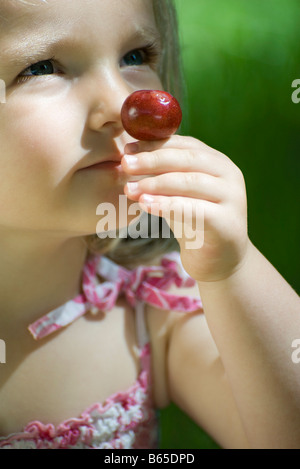 Kleines Mädchen riechen reifen Kirschen Stockfoto