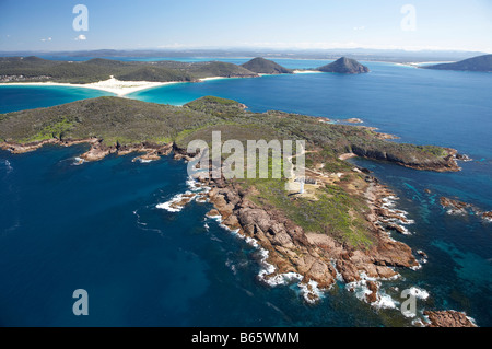 Light House Punkt Stephens Fingal Bay links und Fingal spucken Tomaree National Park New South Wales Australia Antenne Stockfoto