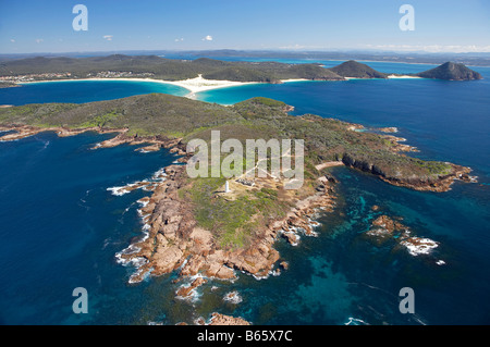 Light House Punkt Stephens Fingal Bay links und Fingal spucken Tomaree National Park New South Wales Australia Antenne Stockfoto