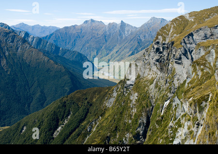 Die Matukituki Valley aus dem Cascade-Sattel, Mount Aspiring Nationalpark, Südinsel, Neuseeland Stockfoto