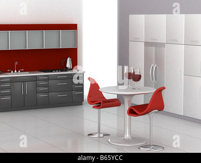 Moderne Küche in rot und schwarz Stockfoto