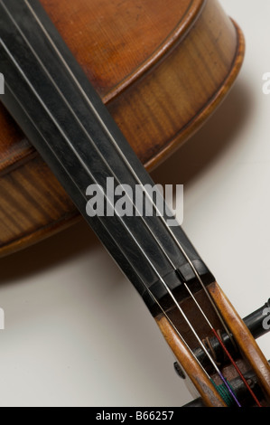 Details einer Geige auf weißem Hintergrund Stockfoto
