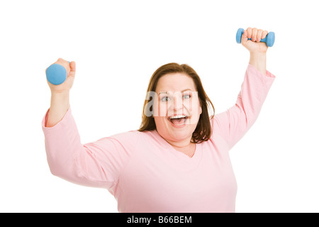 Schöne Plus size Model feiern ihren Erfolg trainieren mit Gewichten isoliert auf weiß Stockfoto
