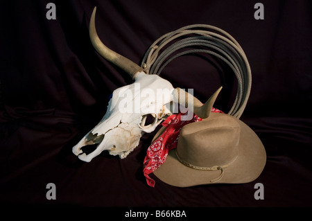 Gebleichte Steer Totenkopf mit Hörner gewickelte Seil Halstuch und Hut auf einem schwarzen Hintergrund Stockfoto