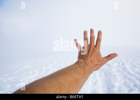 Ein Arm und Hand Griff nach vorne in der Nebel auf einem verschneiten gut ausgetretenen Pfad im Mount Rainier National Park Stockfoto