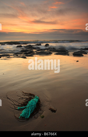 Liebe deinen nächsten "Saligo Bay" altes blaues Seil angespült am Strand, Islay, Schottland. Stockfoto