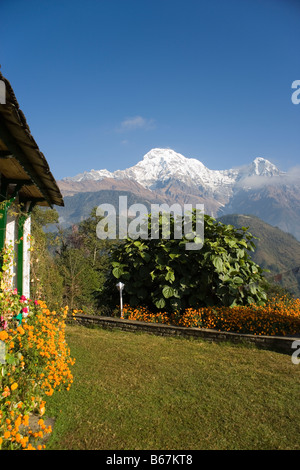 Annapurna South Mountain aus dem Ker und Downey Himalaya Lodge in Ghandruk Dorf im Annapurna Range, Himalaya, Nepal Stockfoto