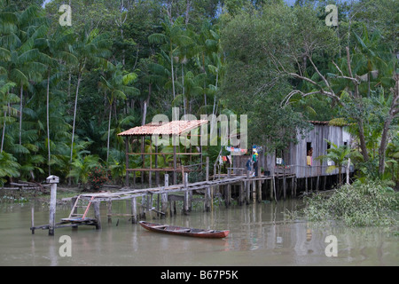 Haus auf Stelzen am Amazonas und tropischer Regenwald, Combo-Insel, in der Nähe von Belem, Para, Brasilien, Südamerika Stockfoto