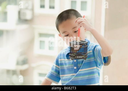 Nahaufnahme eines jungen hält einen Vogelkäfig mit Vogel drin Stockfoto