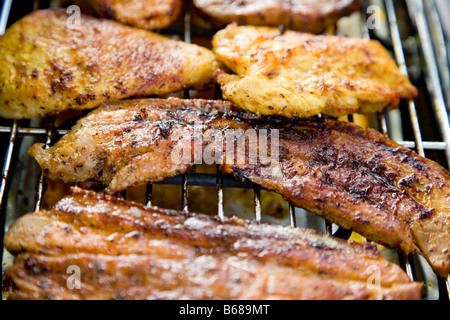 Nahaufnahme von gewürztem Fleisch auf grill Stockfoto