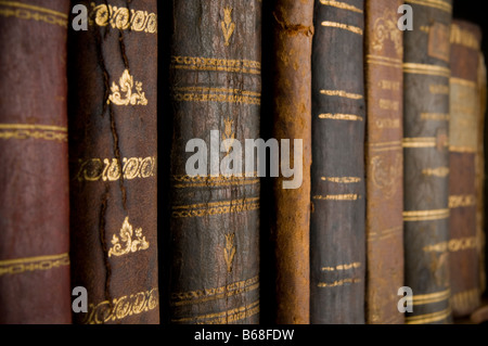 Sehr alte und verstaubte Bücher Wirbelsäule in Folge Stockfoto