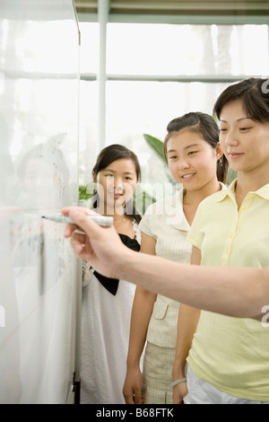 Nahaufnahme der Hand einer Person, die auf einem Whiteboard mit drei weibliche Büroangestellte suchen drauf schreiben Stockfoto