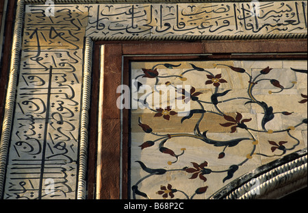 Nahaufnahme von einem Muster an der Wand eines Mausoleums Taj Mahal Agra Uttar Pradesh, Indien Stockfoto