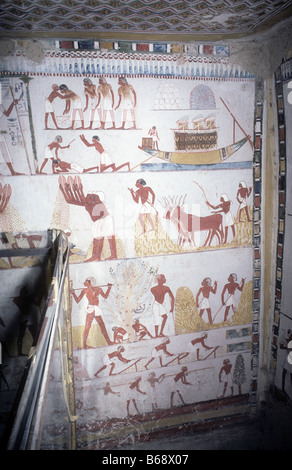 Wandmalerei im Grab des Menna 18. Dynastie Schreiber und Inspektor der Stände in ganz Ägypten Gräber der Adligen West Bank Lux Stockfoto