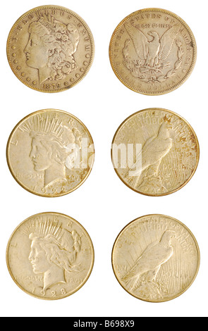 Beiden Seiten der drei antiken Liberty Dollar-Münzen, die isoliert auf weiss Stockfoto