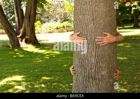 Zwei Kinder umarmen einen Baumstamm Stockfoto