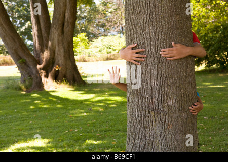 Zwei Kinder umarmen einen Baumstamm Stockfoto