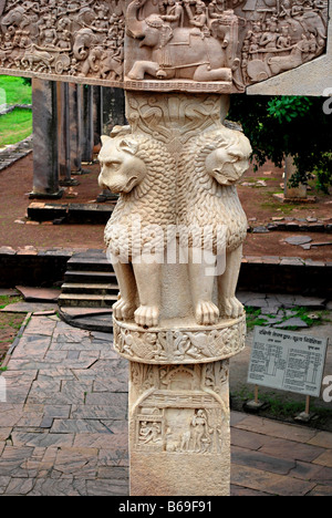 Geschnitzten Details auf Toran Dwar, Sanchi, Löwen das Südtor der große Stupa, Madhya Pradesh, Indien. Stockfoto