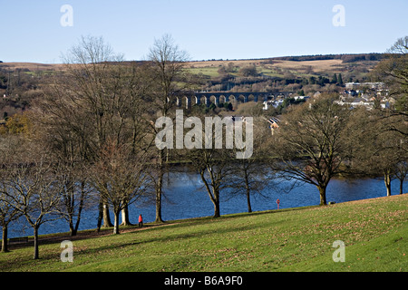 Mann zu Fuß in Cyfarthfa Park mit See und Cefn Viadukt Merthyr Tydfil Wales UK Stockfoto