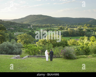 Rückseite des Brautpaares im Garten Stockfoto