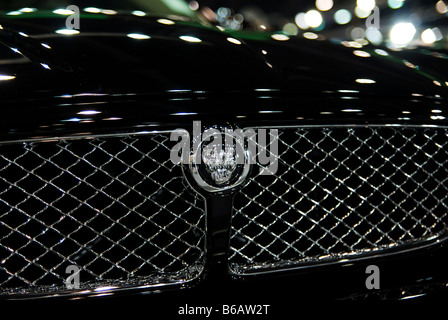 Logo und Kühler Grill des schwarzen Jaguar XJ Stockfoto