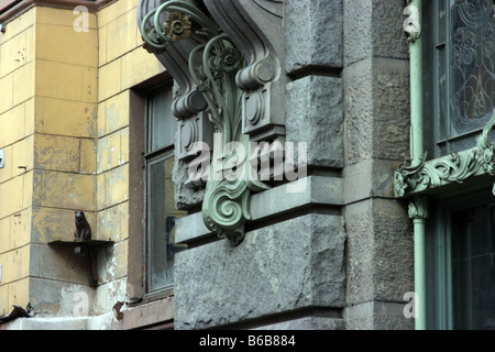 Elissey Katze Skulptur an der Fassade des Elisseeff Emporium, St. Petersburg Stockfoto