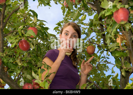 Porträt der Frau Essen Apfel am Baum Stockfoto