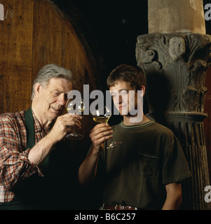 Männer halten Wein Glas Viticulteur Père et Fils Qui mirent un Verre de vin Blanc Stockfoto