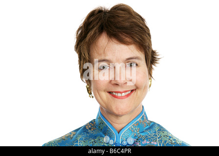 Porträt-Kopfschuss von einem ziemlich frechen Reife Frau isoliert auf weißem Stockfoto