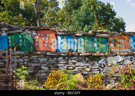 Gebet-Steinen auf eine Mani-Mauer in der Nähe von Rinchenpong, Sikkim, Indien Stockfoto