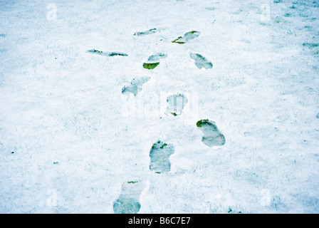 Fußspuren im matschigen Schnee auf einer Wiese Stockfoto