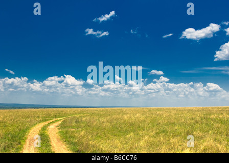 Landschaft Straße grüner Rasen und blauer Himmel Stockfoto