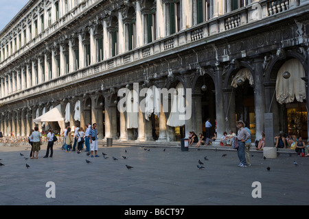 Touristen in der Nähe von Tauben auf dem Platz hocken Stock, Procuratie Nuove, Markusplatz Square, Veneto, Venedig, Italien Stockfoto