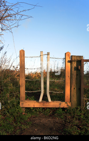 New Style Zufahrtstor für Wanderer auf dem oberen Tas Tal Weg im Forncett St. Peter, Norfolk, Großbritannien. Stockfoto