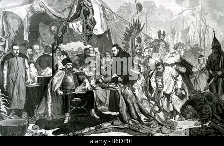 STEPHEN BATHORY von Polen ungarischen Adligen, der König von Polen gewählt wurde. Hier sitzt bei der Belagerung von Pskow im Jahr 1581. Stockfoto