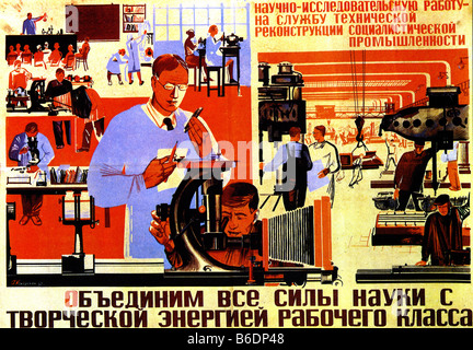 SOWJETISCHEN russischen Plakat 1932 sagt "Wir müssen die Macht der Wissenschaft mit der schöpferischen Energie des Proletariats vereinen" Stockfoto