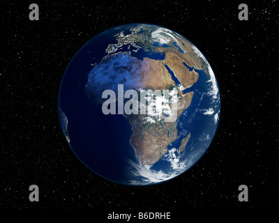 Afrika, Nacht-Tag-Satellitenbild. Im Mittelpunkt dieses zusammengesetzten Bildes steht auf dem afrikanischen Kontinent. Stockfoto