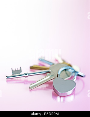 Schlüssel. Satz von Schlüsseln auf einem herzförmigen Anhänger Schlüsselanhänger. Stockfoto