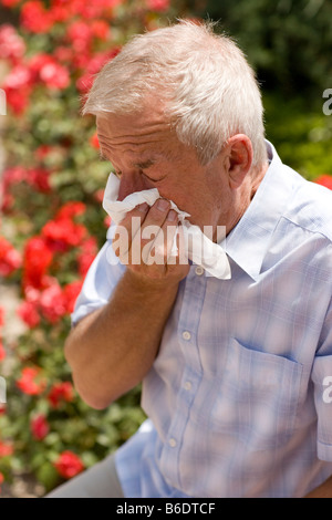 Heuschnupfen. Mansneezing in ein Papiertaschentuch. Er ist Allergiegerecht Reaktion auf Pollen in der Luft leiden. Stockfoto