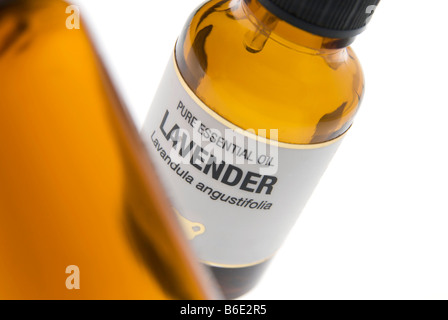 Lavendel (Lavandula Gustifolia) ätherische Öl in der Flasche. Stockfoto