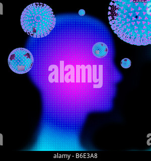 Grippe-Virus verbreiten auf menschliche silhouette Stockfoto