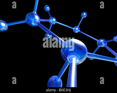 Molekulare Struktur auf schwarzem Hintergrund Stockfoto
