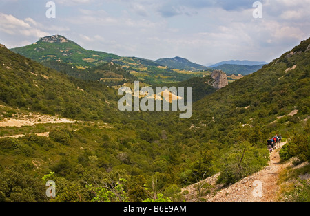 Tal in den Dentelles, in der Nähe von Gigondas, Languedoc-Roussillon, Frankreich Stockfoto