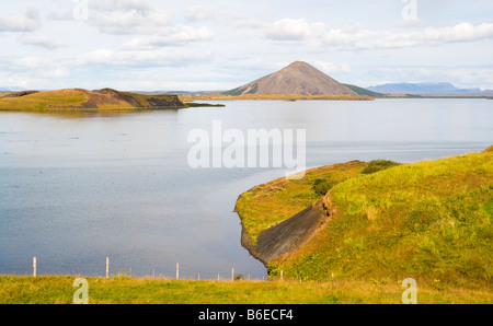 Ansicht des Mývatn-See von einem grasbewachsenen Pseudocrater.  Der See liegt in einem aktiven vulkanischen Gebiet in Nordisland Stockfoto