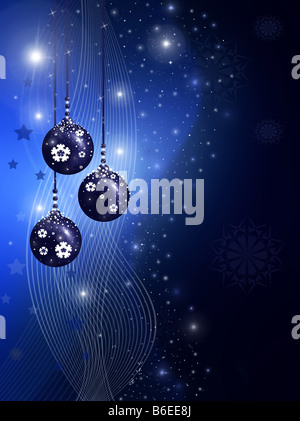 Blaue Weihnachten Illustration mit Kugeln Sterne und Schneeflocken Stockfoto
