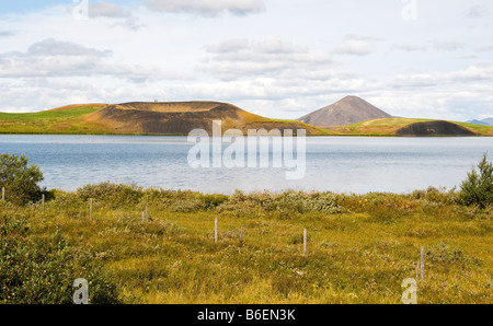 Ansicht der Mývatn-See, mit grasbewachsenen Pseudocraters.  Der See liegt in einem aktiven vulkanischen Gebiet in Nordisland Stockfoto