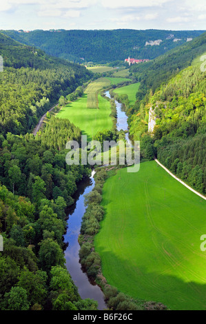 Blick vom Knopfmacherfelsen (Knopfmacher Felsen) in das Donautal in Richtung Beuron, Naturpark obere Donau, Stockfoto