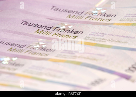 Tausend Franken Noten, Schweizer Banknoten, detail Stockfoto